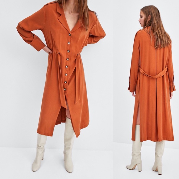 Zara Terracotta Flowing Midi Shirt Dress NWT Med - Picture 11 of 11